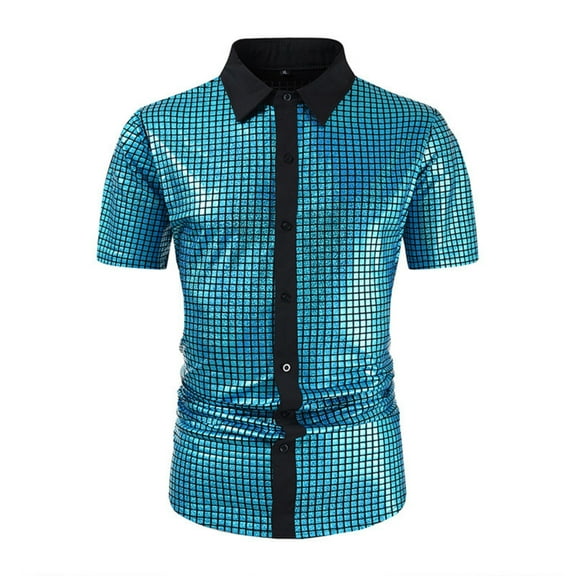 Men's Casual Short Sleeve Sequin Shirt with Turn Down Collar for Daily Wear