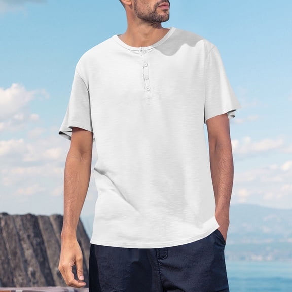 Men's Casual Short Sleeve Shirt, Button-Down Slit Hem Tee, Solid Color Fashion Top, Lightweight Polyester Fabric, Round Neck Casual Wear