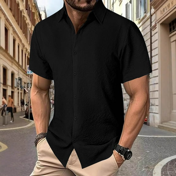 Men's Casual Short Sleeve Shirt, Button Down Solid Color Wrinkle Free Polyester Shirt, Lightweight and Comfortable for Daily Wear