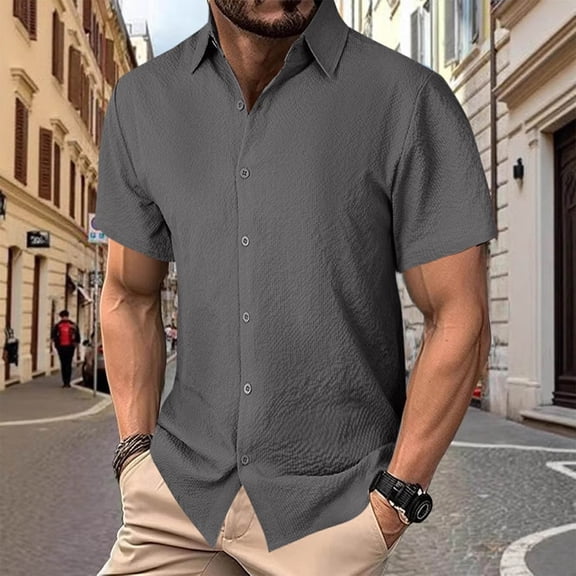 Men's Casual Short Sleeve Shirt, Button Down Solid Color Wrinkle Free Polyester Shirt, Lightweight and Comfortable for Daily Wear