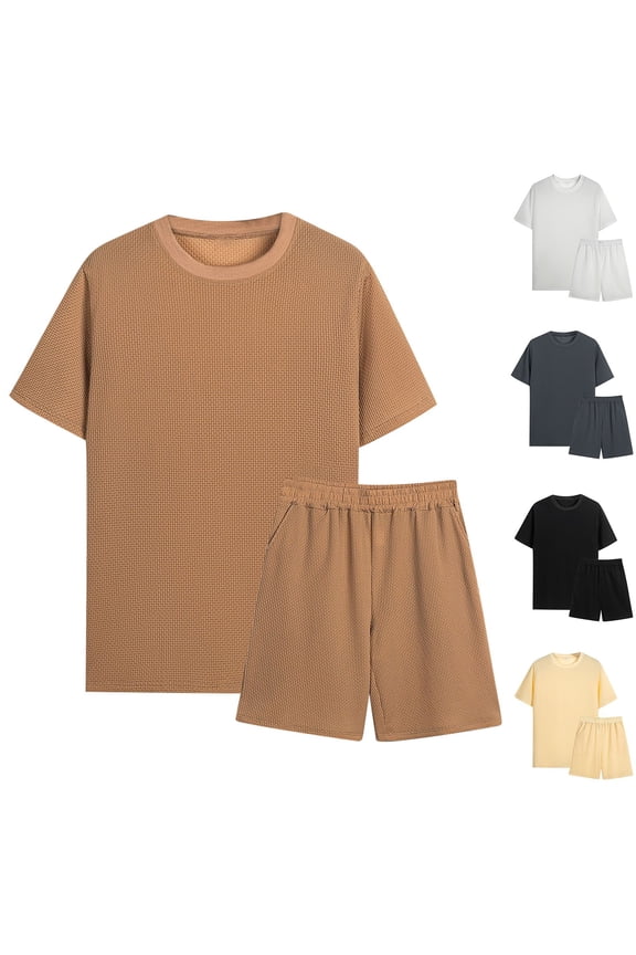 Men's Casual Short Sleeve Shirt Shorts Set 2 Piece Outfit Solid Color Round Neck T-Shirt Top and Shorts for Beach Vacation Gym Loungewear Streetwear | AESTIVO,Beige L
