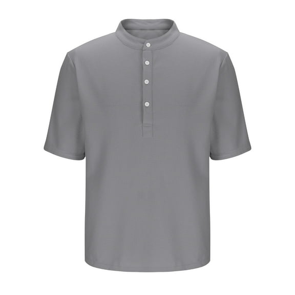 Men's Casual Short Sleeve Shirt, Stand Collar Half Button Placket, Breathable Fabric for Comfort
