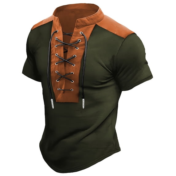 Men's Casual Short Sleeve Shirt with Stand Collar and Drawstring Detail in Breathable Polyester Fabric
