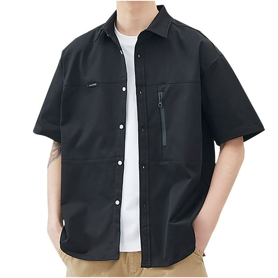 ZQUUVOU Men's Casual Short Sleeve Shirts Loose Summer Beach Jacket T-Shirt Black