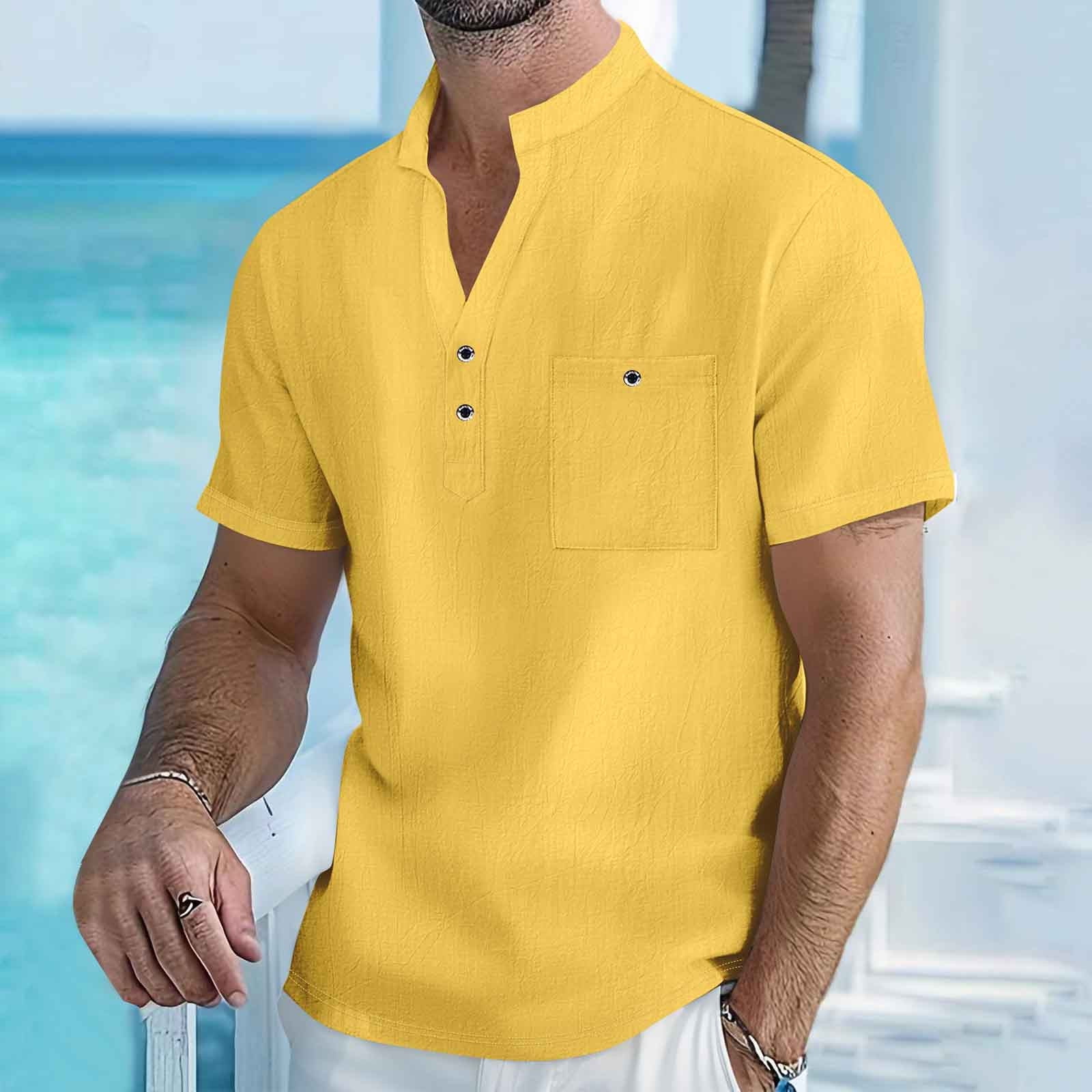 Look Button Men's Casual Short Sleeve Stand Collar Linen-Look Button-Down Shirt for ...
