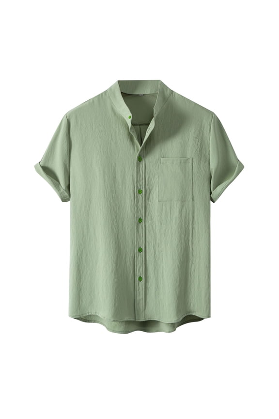 Men's Casual Short Sleeve Stand Collar Solid Color Shirt Comfortable Breathable Lightweight Summer Top Mens Work Shirts Summer Basic Tee Shirts