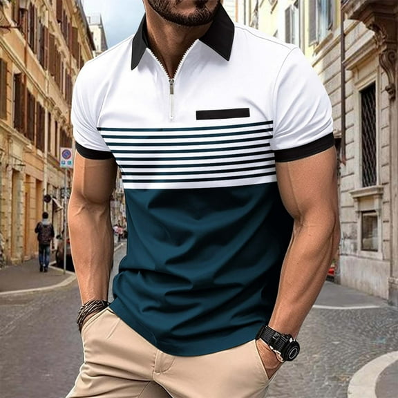 Men's Casual Short Sleeve Stripe Blouse with Zipper and Turndown Collar