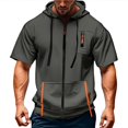 thumbnail image 1 of Men's Casual Short Sleeve Sweatshirt, Loose Breathable Solid Color Jacket with Multiple Pockets and Zipper for Sports and Summer Outings,Dark Gray,3XL, 1 of 4