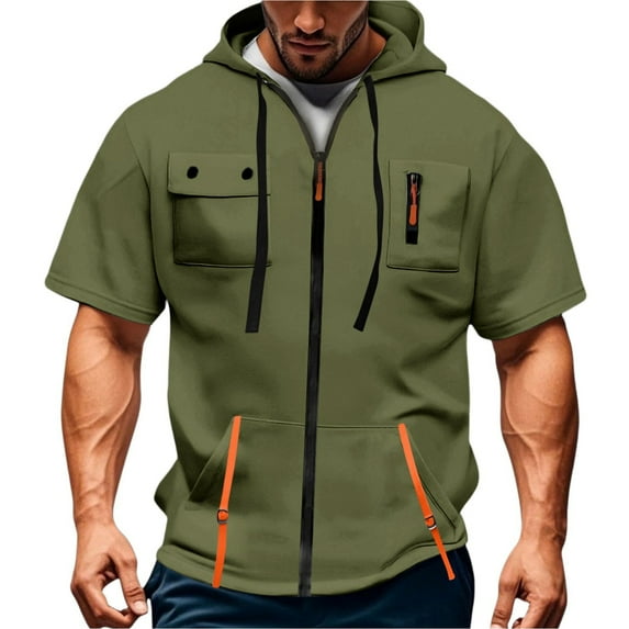 Men's Casual Short Sleeve Sweatshirt, Loose Breathable Solid Color Jacket with Multiple Pockets and Zipper for Sports and Summer Outings,Army Green,L