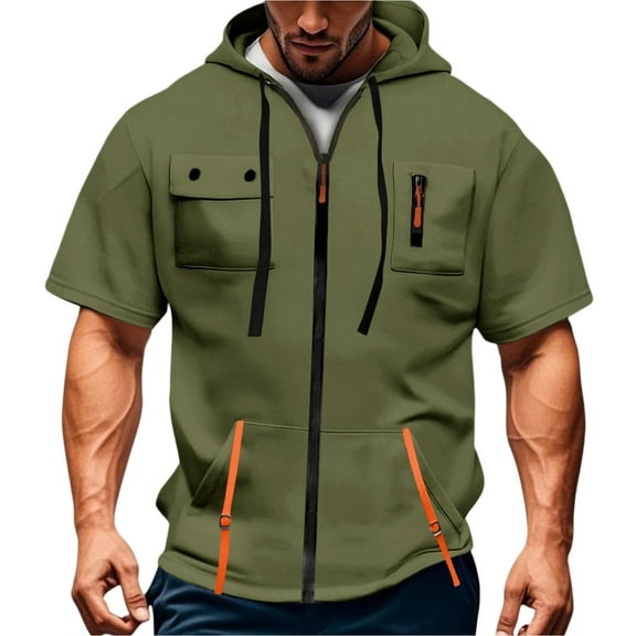Men's Casual Short Sleeve Sweatshirt, Loose Breathable Solid Color Jacket with Multiple Pockets and Zipper for Sports and Summer Outings,Army Green,L