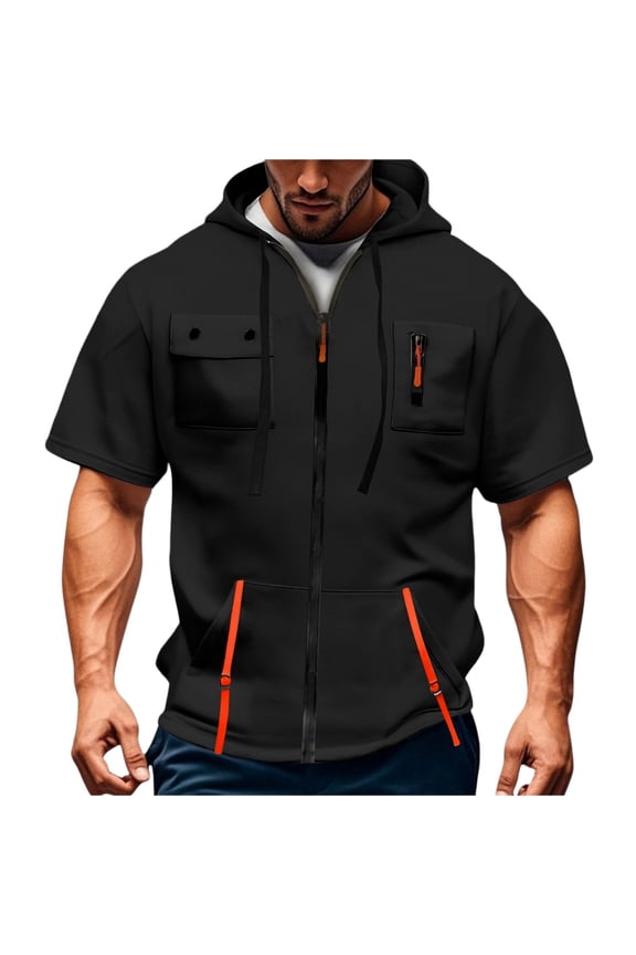Men's Casual Short Sleeve Sweatshirt, Loose Breathable Solid Color Jacket with Multiple Pockets and Zipper for Sports and Summer Outings,Black,XL