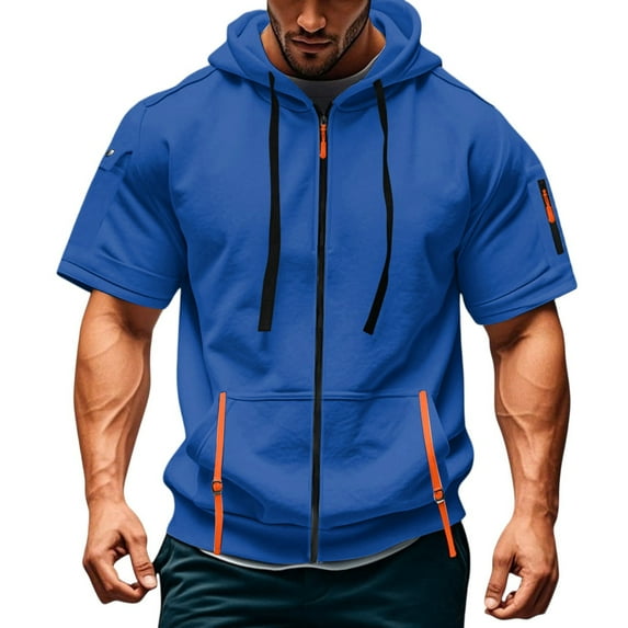 Men's Casual Short Sleeve Sweatshirt, Loose Breathable Solid Color Jacket with Multiple Pockets and Zipper for Sports and Summer Outings,Blue,2XL
