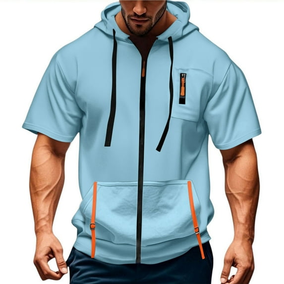 Men's Casual Short Sleeve Sweatshirt, Loose Breathable Solid Color Jacket with Multiple Pockets and Zipper for Sports and Summer Outings,Light Blue,M