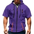 thumbnail image 1 of Men's Casual Short Sleeve Sweatshirt, Loose Breathable Solid Color Jacket with Multiple Pockets and Zipper for Sports and Summer Outings,Purple,2XL, 1 of 4
