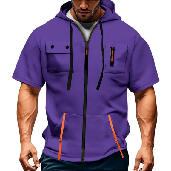 Men's Casual Short Sleeve Sweatshirt, Loose Breathable Solid Color Jacket with Multiple Pockets and Zipper for Sports and Summer Outings,Purple,2XL