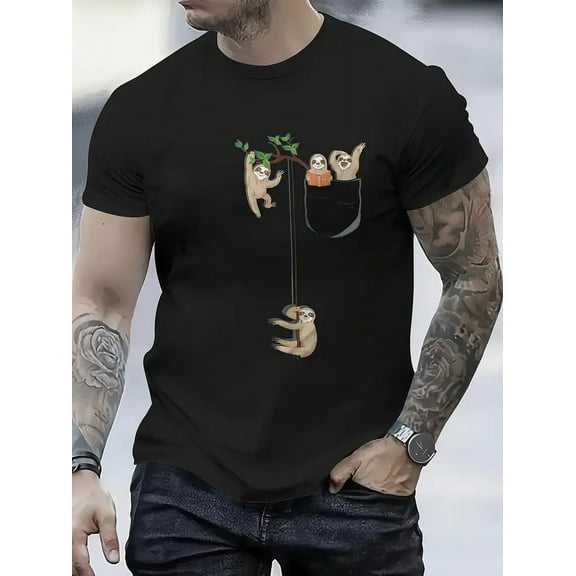 Men's Casual Short Sleeve T-Shirt - 100% Cotton 180gsm Black Tee with Playful Sloth Family Pocket Graphic