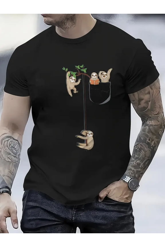 Men's Casual Short Sleeve T-Shirt - 100% Cotton 180gsm Black Tee with Playful Sloth Family Pocket Graphic