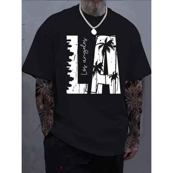 Men's Casual Short Sleeve T-Shirt - 100% Cotton Loose Fit Round Neck, Black Geometric Palm Tree & LA Graphic Print, Breathable Summer Tee, Machine Washable, Trendy Versatile Gift for Holidays