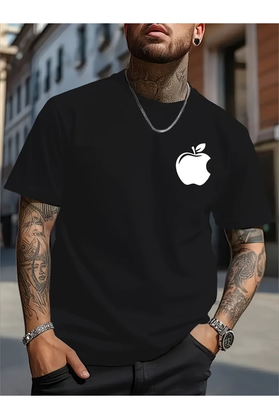 Men's Casual Short-Sleeve T-Shirt - 100% Lightweight Polyester, Regular Fit Round Neck, Featuring a Bold Apple Logo Print, Machine Washable, Suitable for Sports and Casual Wear, Smooth Fabric