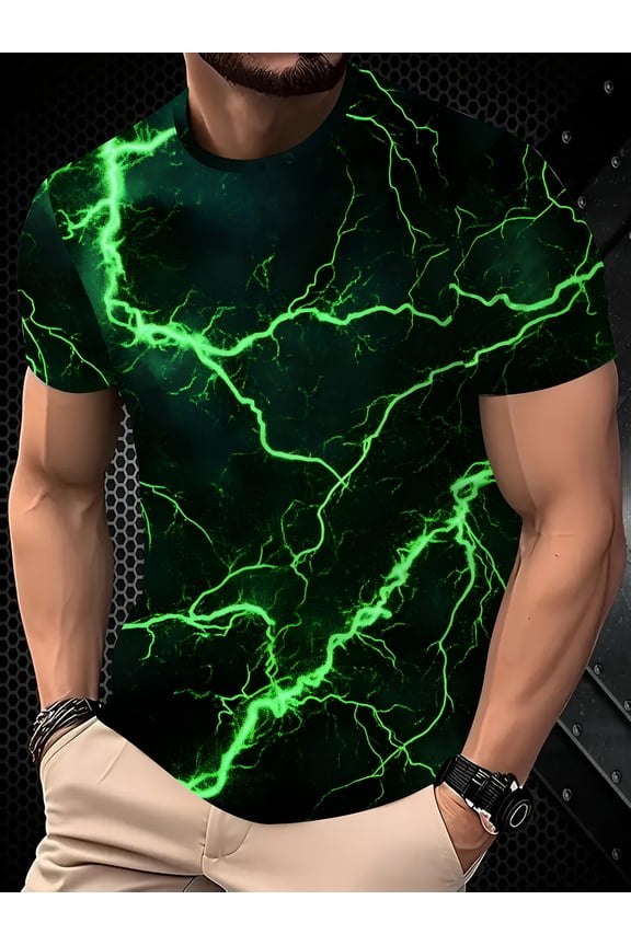Men's Casual Short Sleeve T-Shirt with 3D Lightning Print, Two-tone Geometric Design Crew Neck - Sweatshirt, Long Sleeve Hoodie, Fashion Men's Clothing