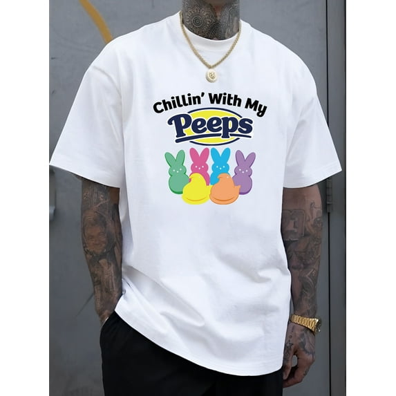 Men's Casual Short-Sleeve T-Shirt with "Chillin' with My Peeps" Lettering & Bunny Graphic - Lightweight Summer Tee for Casual Attire, Regular Fit, White