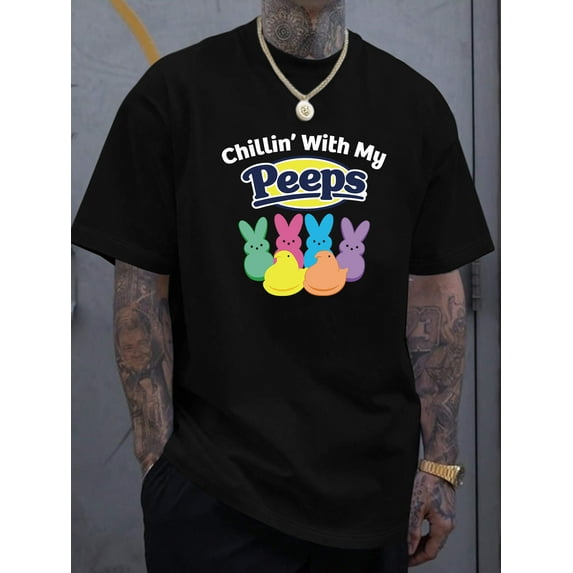 Men's Casual Short-Sleeve T-Shirt with "Chillin' with My Peeps" Lettering & Bunny Graphic - Lightweight Summer Tee for Casual Attire, Regular Fit, White