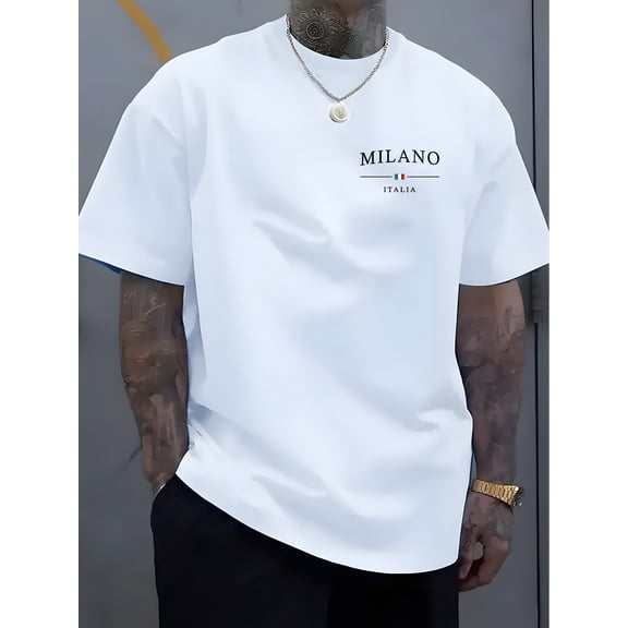 Men's Casual Short Sleeve T-Shirt with Milano Italy Graphic Print - Light Beige Round Neck Summer Tee, Breathable Regular Fit, Machine Washable, Everyday Apparel, Trendy Casualwear