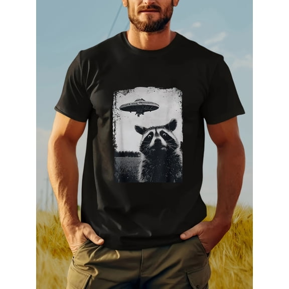 Men's Casual Short Sleeve T-Shirt - Novelty Raccoon & UFO Graphic Print, 100% Cotton Relaxed Fit Round Neck Tee for Spring Summer Fall, Outdoor Hiking & Casual Wear, Machine Washable