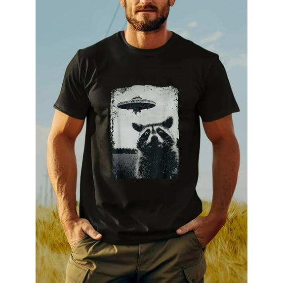 Men's Casual Short Sleeve T-Shirt - Novelty Raccoon & UFO Graphic Print, 100% Cotton Relaxed Fit Round Neck Tee for Spring Summer Fall, Outdoor Hiking & Casual Wear, Machine Washable