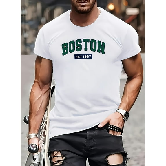 Men's Casual Short Sleeve T-Shirt with "BOSTON" 3D Digital Print, Polyester Knit Fabric, Round Neck, Regular Fit, Summer Street Style Fashion Top