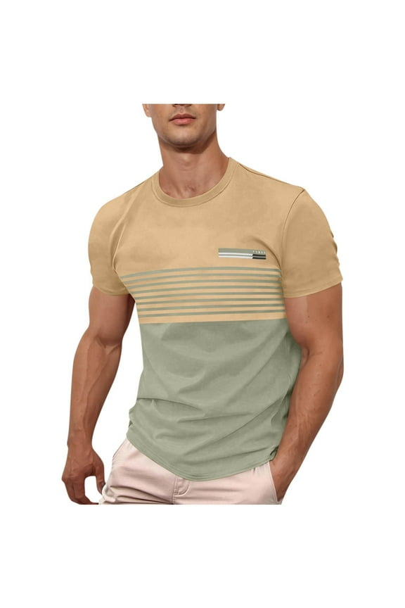Men's Casual Short Sleeve T-Shirts Summer Crew Neck Striped Shirts Beach Vacation Slim Fit T-Shirt Classic Color Block Pullover