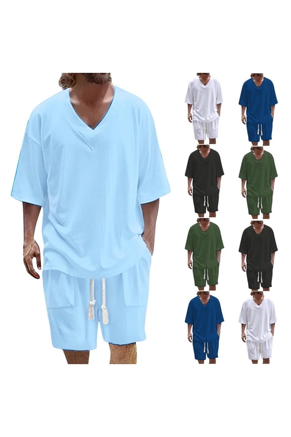 Men's Casual Short Sleeve V-Neck Blouse Top Shirt Set Outfit 2 Piece Solid Color Suit for Daily Streetwear Loungewear Modern Fashion Essential | AESTIVO,Army Green L