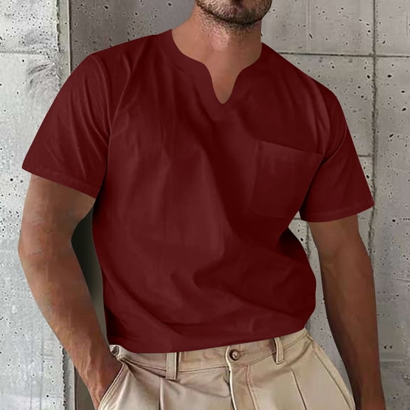 Men's Casual Short Sleeve V-Neck Pocket Shirt in Solid Colors