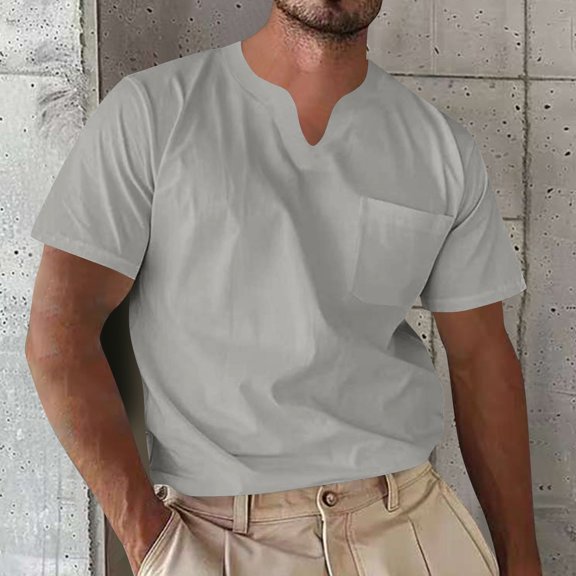 Men's Casual Short Sleeve V-Neck Pocket Shirt in Solid Colors