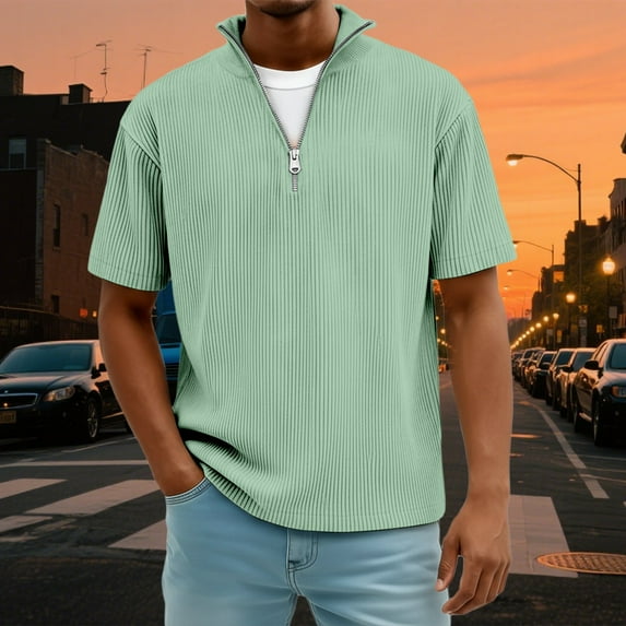 Men's Casual Short Sleeve Zipper Placket Striped T-Shirt for Daily Wear and Outdoor Activities Workout Short Sleeve Tee Shirts for Men Beach Tops Casual Shirt