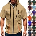 thumbnail image 1 of Men's Casual Short-sleeved Sweatshirt with Multiple Pockets and Zipper - Loose Breathable Solid-color Jacket for Athletic Use, Casual Outings, and Gift Ideas,Army Green,L, 1 of 5