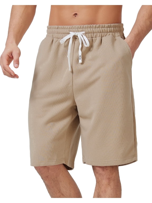Men's Casual Shorts Drawstring Elastic Waist Texture Workout Jogging Running Sweat Shorts Summer Beach Short Pants for Men