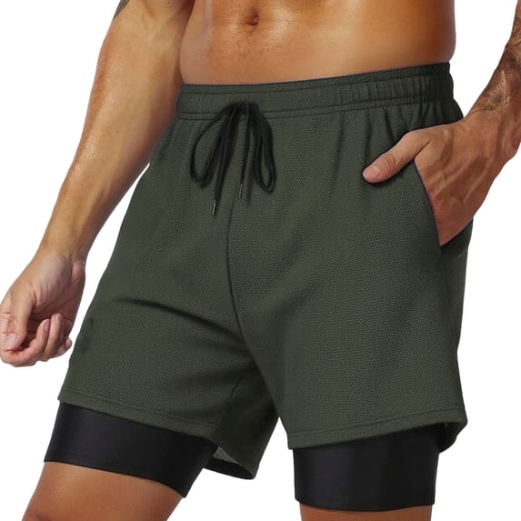 Men's Casual Shorts Elastic Waist Drawstring Workout Jogging Beach Sweat Shorts with Pockets Men's Solid Color Double Layer Breathable Shorts