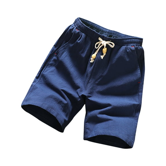 ZQUUVOU Men's Casual Shorts Elastic Waist Solid Color Cotton Drawstring Pocket Shorts Blue