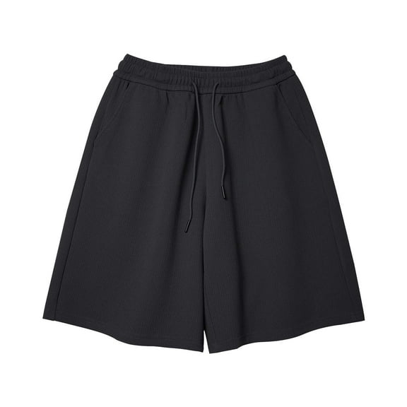 Men's Casual Shorts Solid Color Elastic Waist Drawstring Summer Beach Shorts Black XL