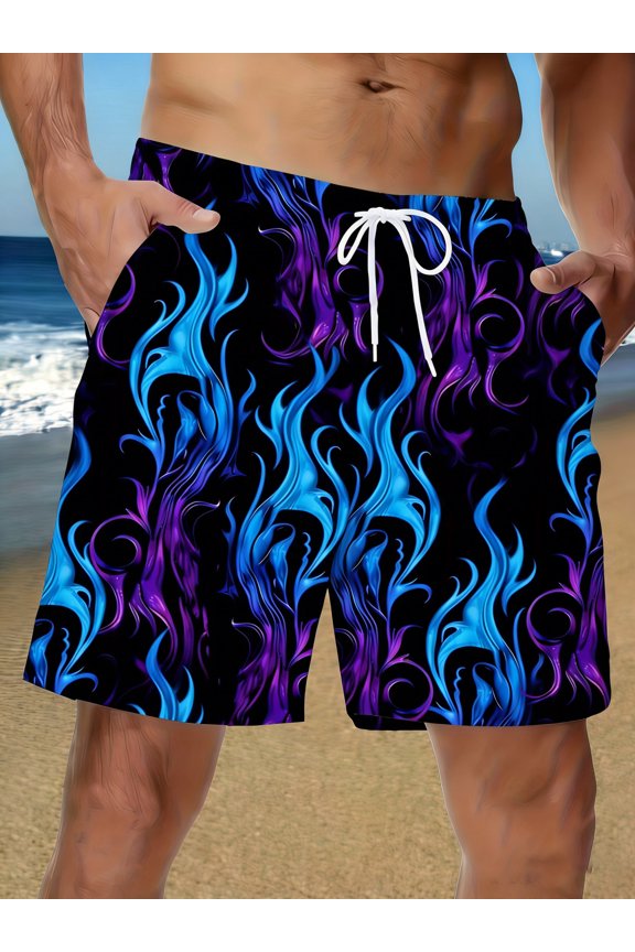 Men's Casual Shorts - Stylish Purple Flame Print, Adjustable Drawstring Waist, Machine Washable - Summer Activities, Beach Shorts, Beach and Outdoor Wear