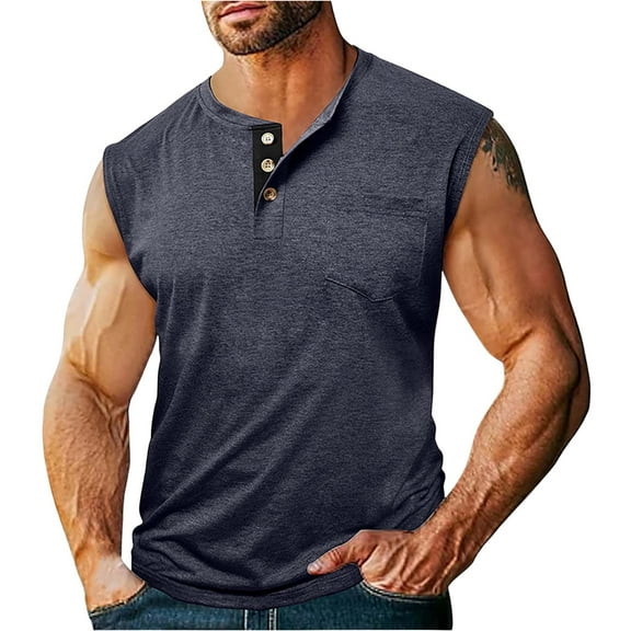 Men's Casual Sleeveless Henley Tank Top Summer Lightweight Breathable Button-Down Muscle Vest