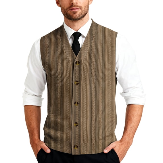 Men's Casual Sleeveless Knit Vest with Button Closure, V-Neck Lightweight Waistcoat, Ideal for Office Attire and Everyday Comfort Brown 3XL