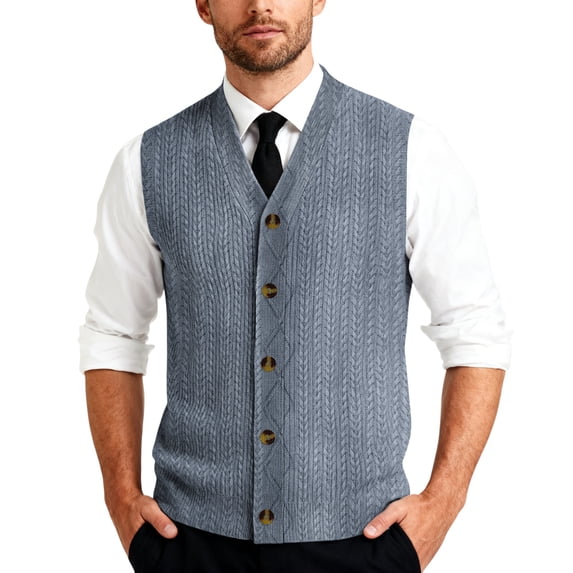 Men's Casual Sleeveless Knit Vest with Button Closure, V-Neck Lightweight Waistcoat, Ideal for Office Attire and Everyday Comfort Light Blue XL