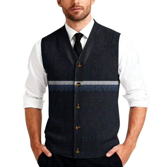 Men's Casual Sleeveless Knit Vest with Button Closure, V-Neck Lightweight Waistcoat, Ideal for Office Attire and Everyday Comfort Navy 4XL