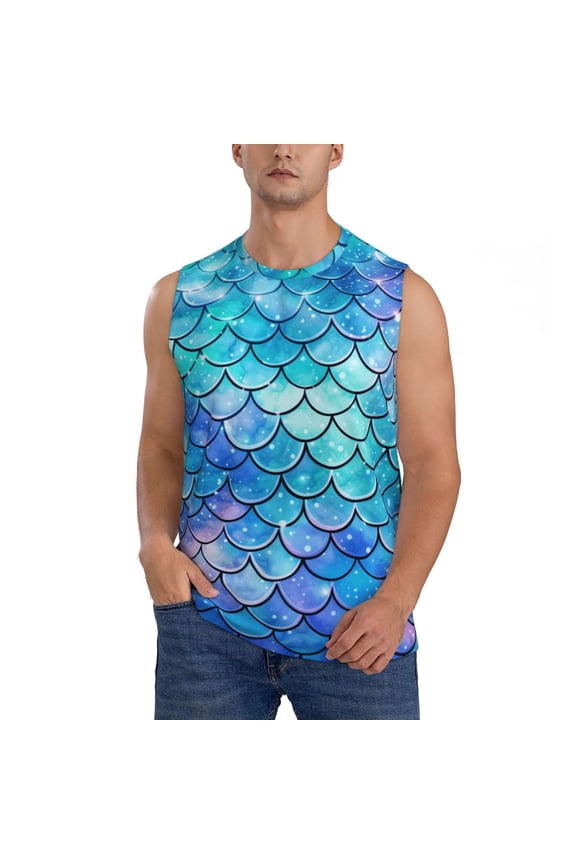 Men's Casual Sleeveless T-Shirt Athletic Tank Top Gym Workout Tee, Mermaid Scales Fish Scale Blue