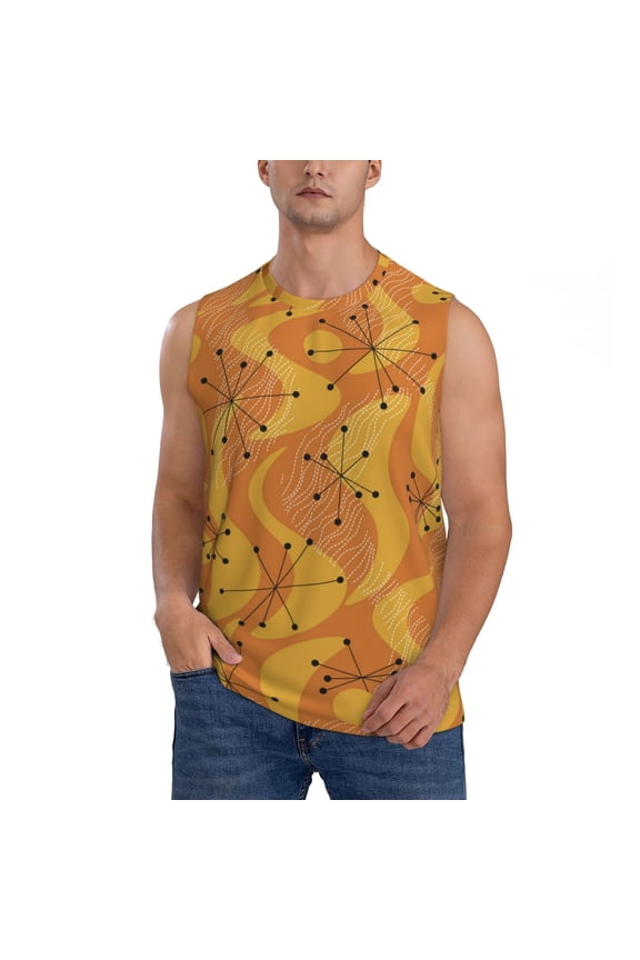 Men's Casual Sleeveless T-Shirt Athletic Tank Top Gym Workout Tee, Orange Geometric Atomic Modern Midcentury