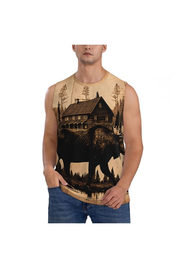 Men's Casual Sleeveless T-Shirt Athletic Tank Top Gym Workout Tee, Rustic Lodge Moose Deer Vintage