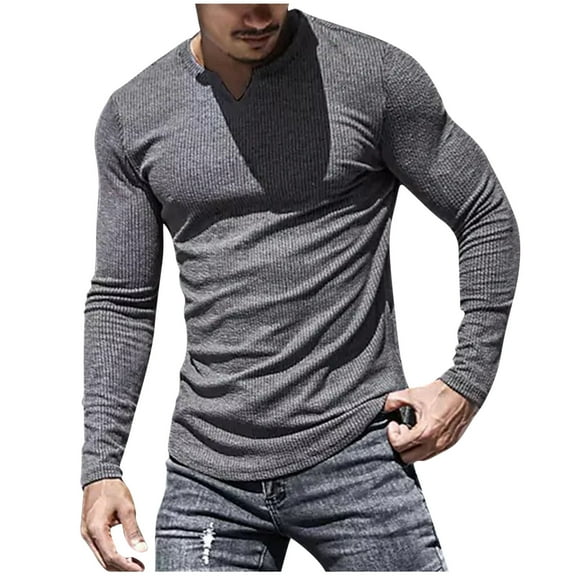 Men's Casual Slim Fit Basic Henley Long Sleeve T-Shirt Men's Henley Long Sleeve T-Shirt Slim Fit V Neck Shirts Stretch Tee Gym Workout Bodybuilding Athletic Training Tee Shirts Casual Hipster Tops