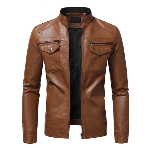 Men's Casual Slim Fit Leather Jacket Long Sleeve Zipper Coat with Stand Collar and Multiple Pockets for Outdoor Daily Wear
